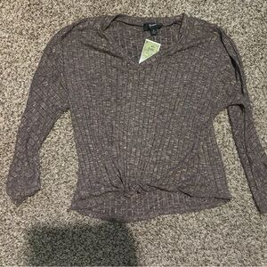 Bwear Ribbed V-Neck Long Sleeve Top in Chocolate Brown